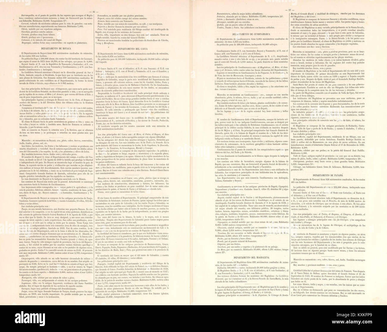 Der Atlas histórico de Colombia von 1890 enthält Karten und erläuternde Texte, die Kolumbiens Geographie, politische Grenzen und regionale Besonderheiten im späten 19. Jahrhundert dokumentieren. Stockfoto