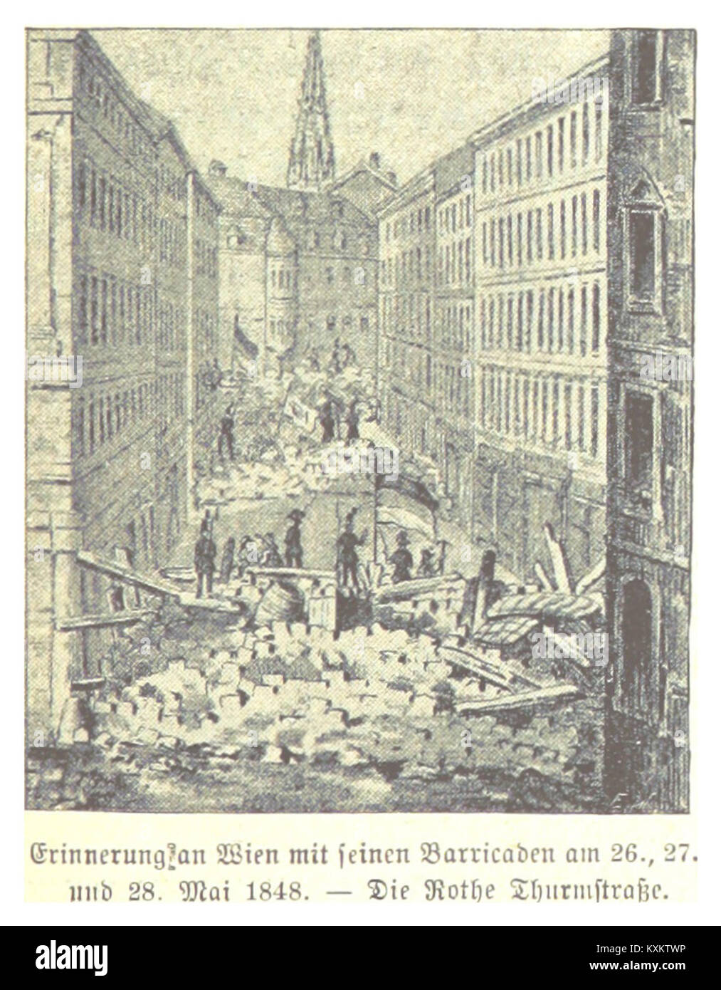 Eine historische Darstellung aus dem Jahr 1898 zeigt die Barrikaden, die die Rothethurmstraße während der Revolution 1848 in Deutschland blockierten und die Bürgerunruhen und revolutionären Aktionen der Zeit widerspiegeln. Stockfoto