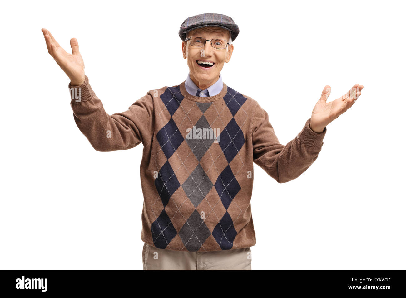 Freundliche ältere Mann, der eine willkommene Geste auf weißem Hintergrund Stockfoto