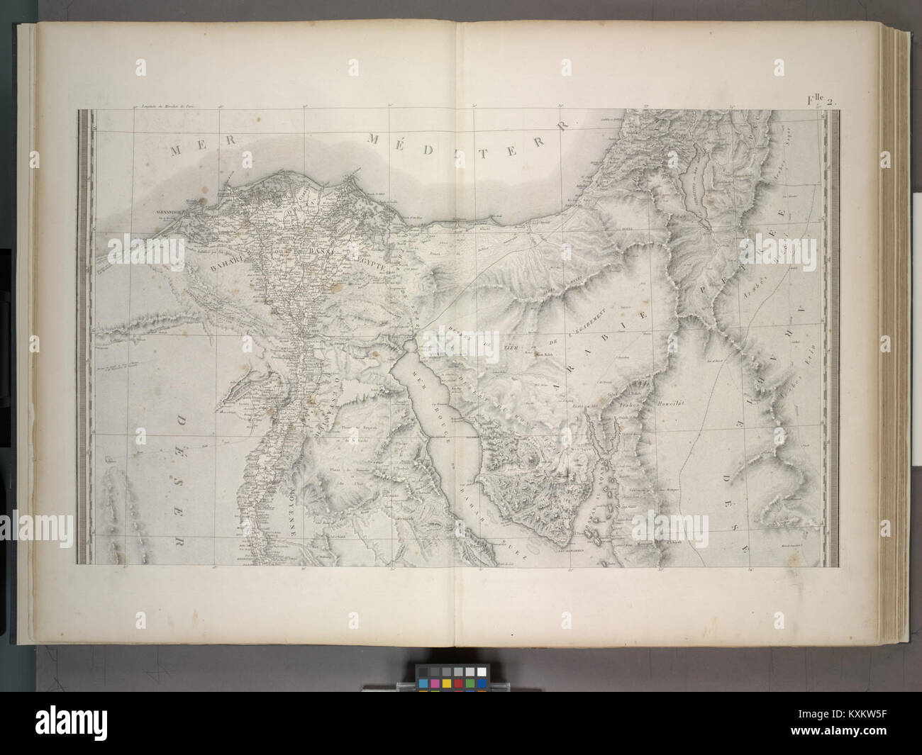 Dokumentierte Karten oder Illustrationen, die die Regionen Unterägyptens und Arabiens zeigen und geografische Merkmale, Siedlungen und Topographie detailliert beschreiben. Stockfoto
