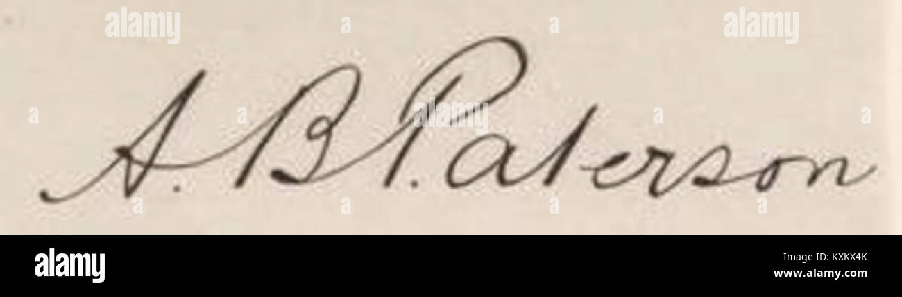 Dieses Bild zeigt die Signatur von Banjo Paterson, einem prominenten australischen Dichter, der für seine ikonischen Werke über australische Identität und Landschaft bekannt ist, darunter „Waltzing Matilda“ und „The man from Snowy River“. Stockfoto
