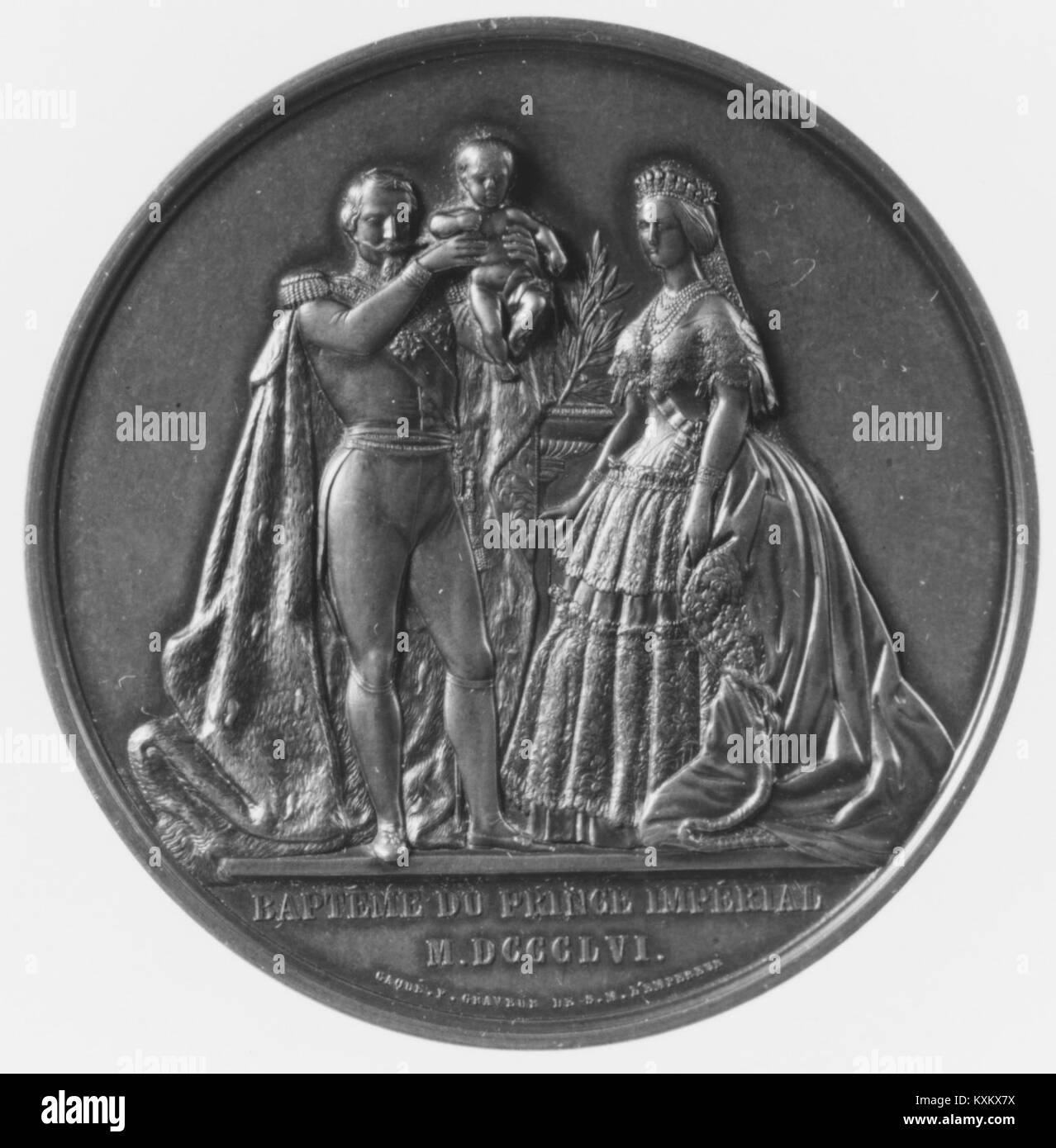 Gemälde, das die Taufe von Napoleons Sohn, dem kaiserlichen Fürsten, darstellt und die religiöse Zeremonie, die Teilnehmer und die zeremonielle Kleidung hervorhebt. Stockfoto