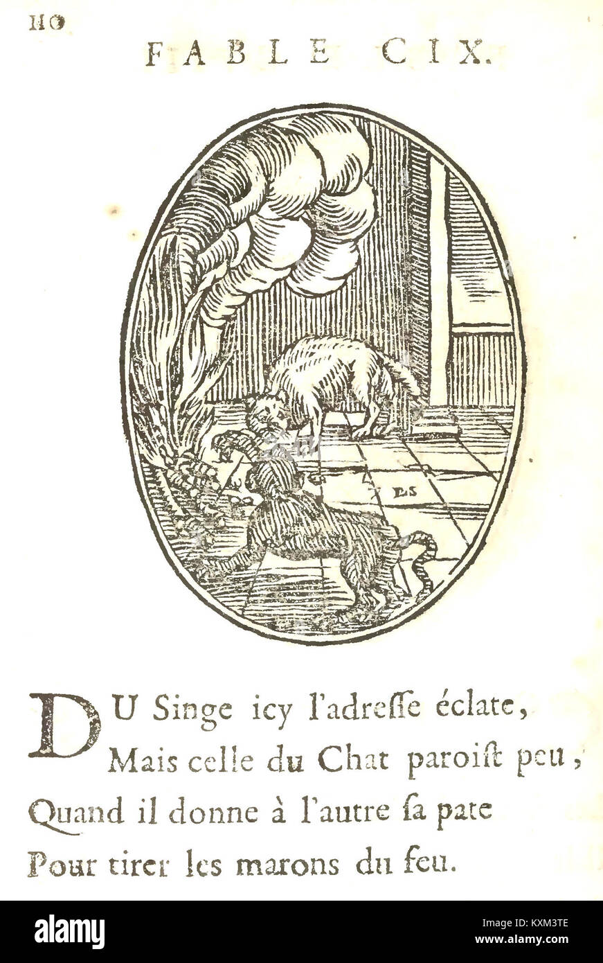 Die 1678 erschienene Ausgabe von „Fables d'Esope“ von Benserade stellt Aesops Fabeln in Vierteln dar, die klassische Literatur und die französische Literaturkultur des 17. Jahrhunderts illustrieren. Stockfoto