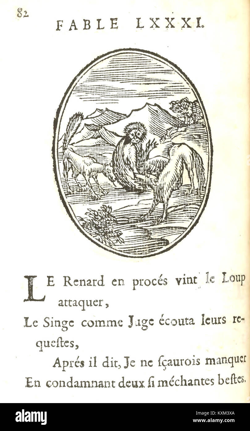 Diese Ausgabe von Benserades „Fables d’Esope en quatrains“ aus dem Jahr 1678 enthält literarische Illustrationen und poetische Adaptionen von Aesops Fabeln. Stockfoto