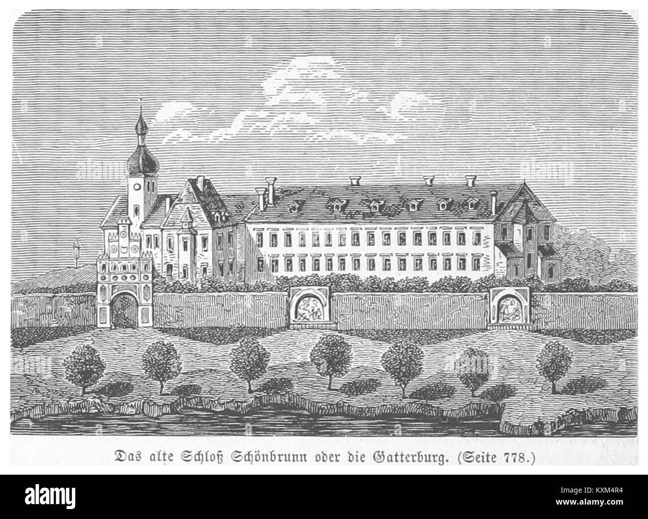 Foto von der Gatterburg oder dem alten Schloss Schönbrunn in Wien, das architektonische Details, historische Bedeutung und seinen Status als kulturelles Wahrzeichen in der Stadt zeigt. Stockfoto