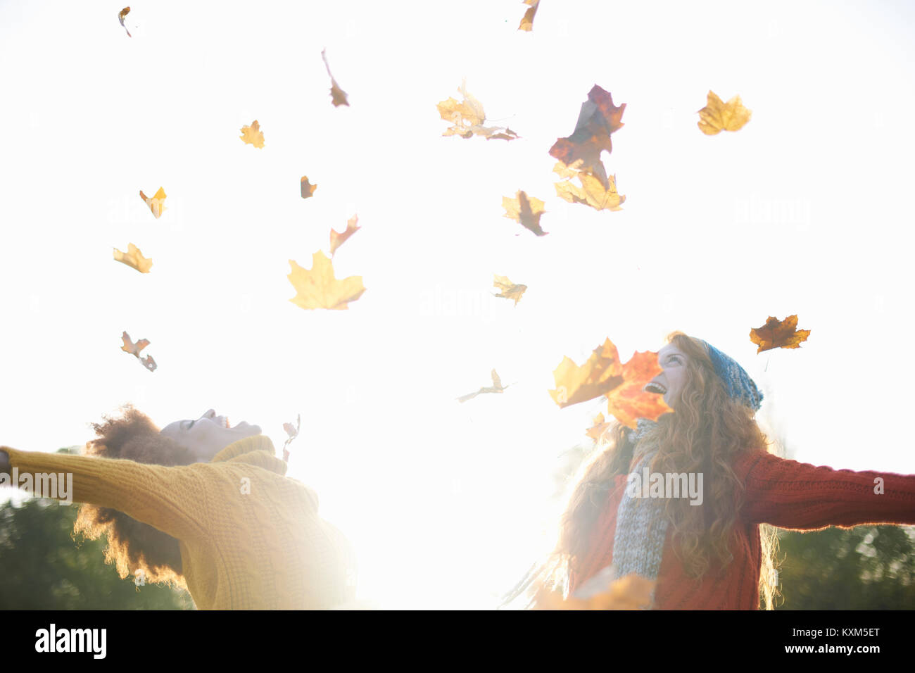 Freunde werfen Blätter im Herbst in der Luft Stockfoto