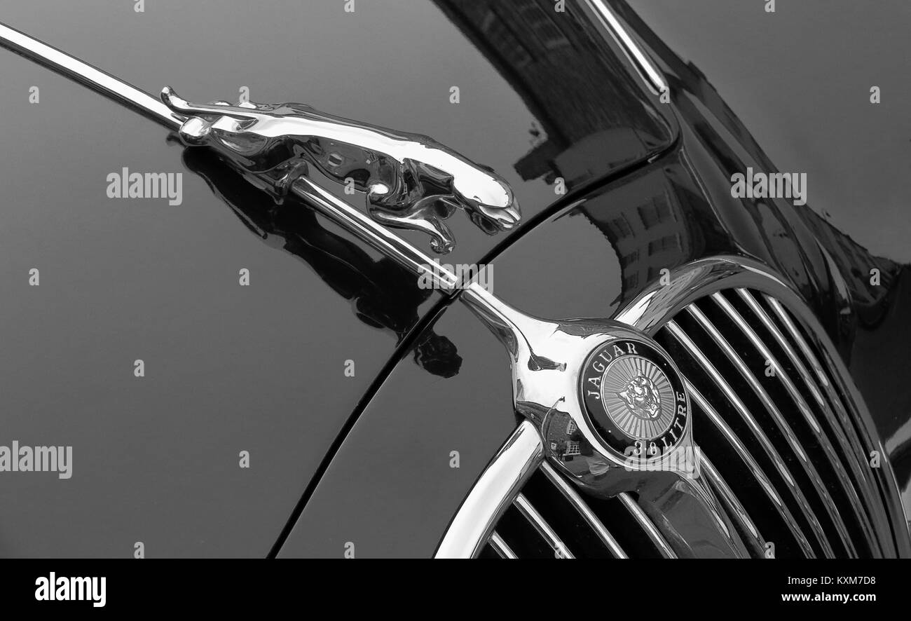 Jaguar Mk 2 klassische Sportwagen Chrom Jaguar Emblem und Kühlergrill Stockfoto
