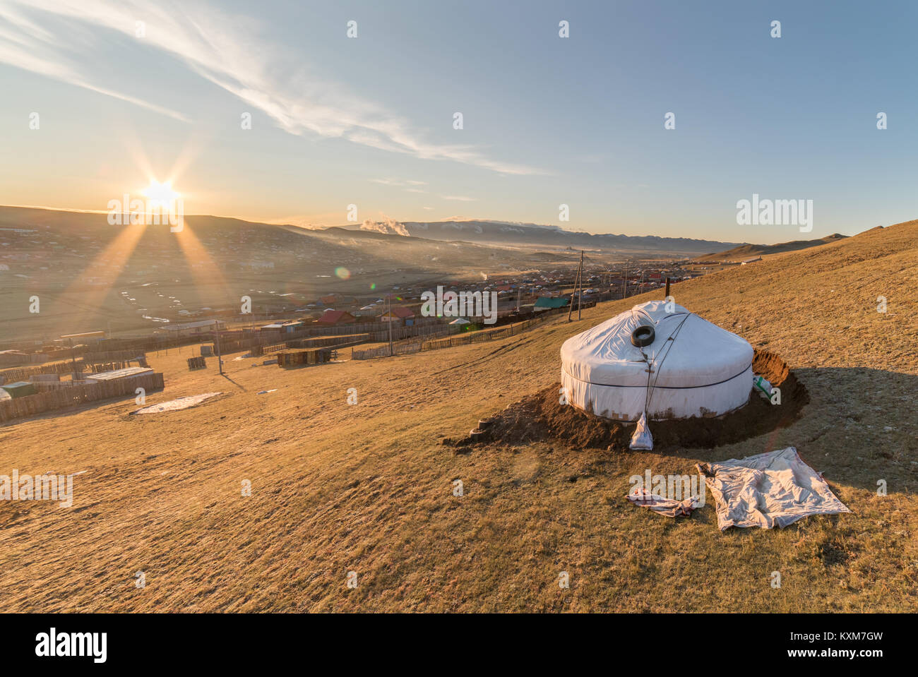 Mongolei Ger camp Ulan Bator Morgen Sonne Stockfoto