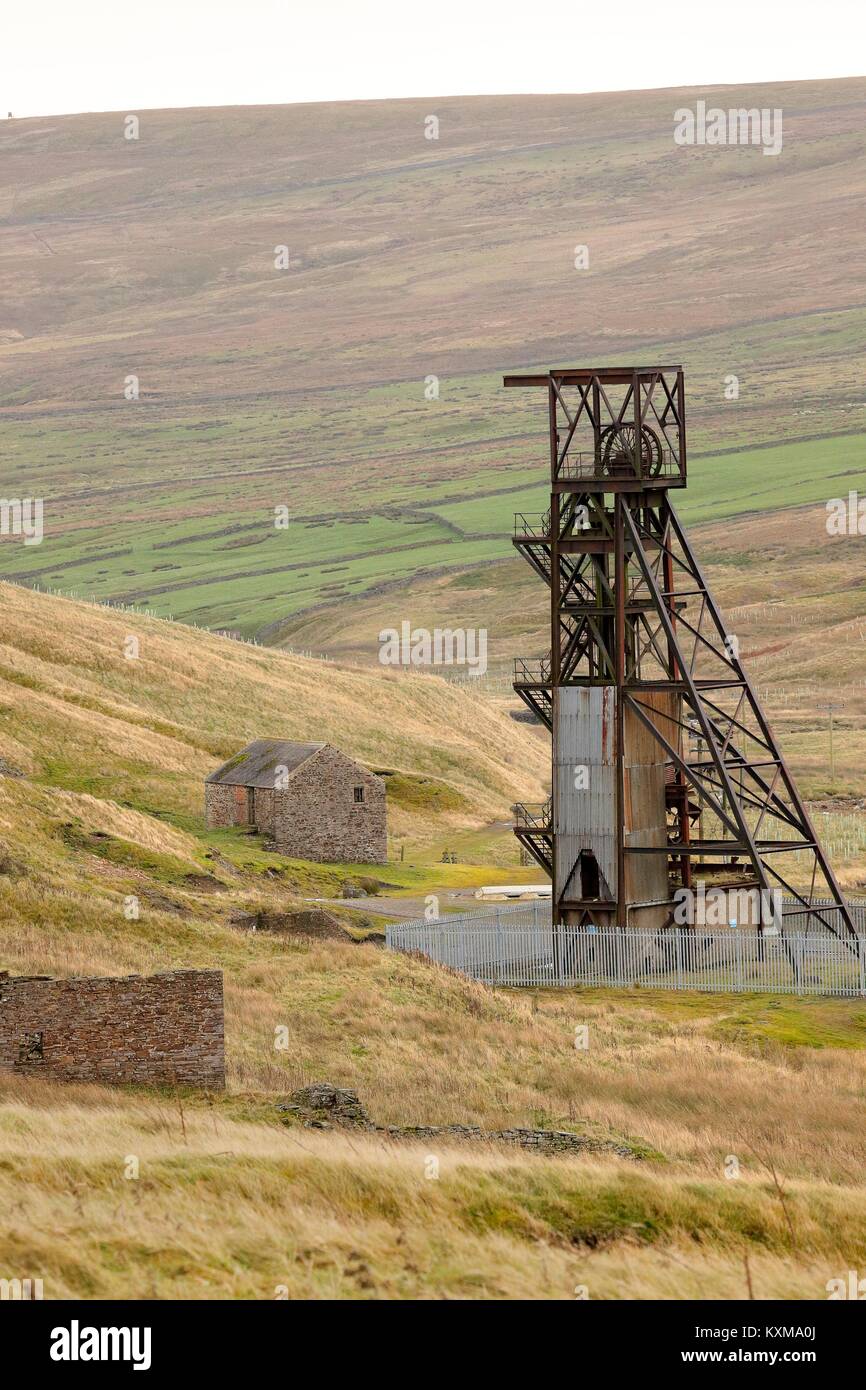 Stillgelegten Förderturm von Grove Rake Mine Gebäude, Rookhope Bezirk, gewohnt, North Pennines, County Durham, England, Vereinigtes Königreich, Europa. Stockfoto