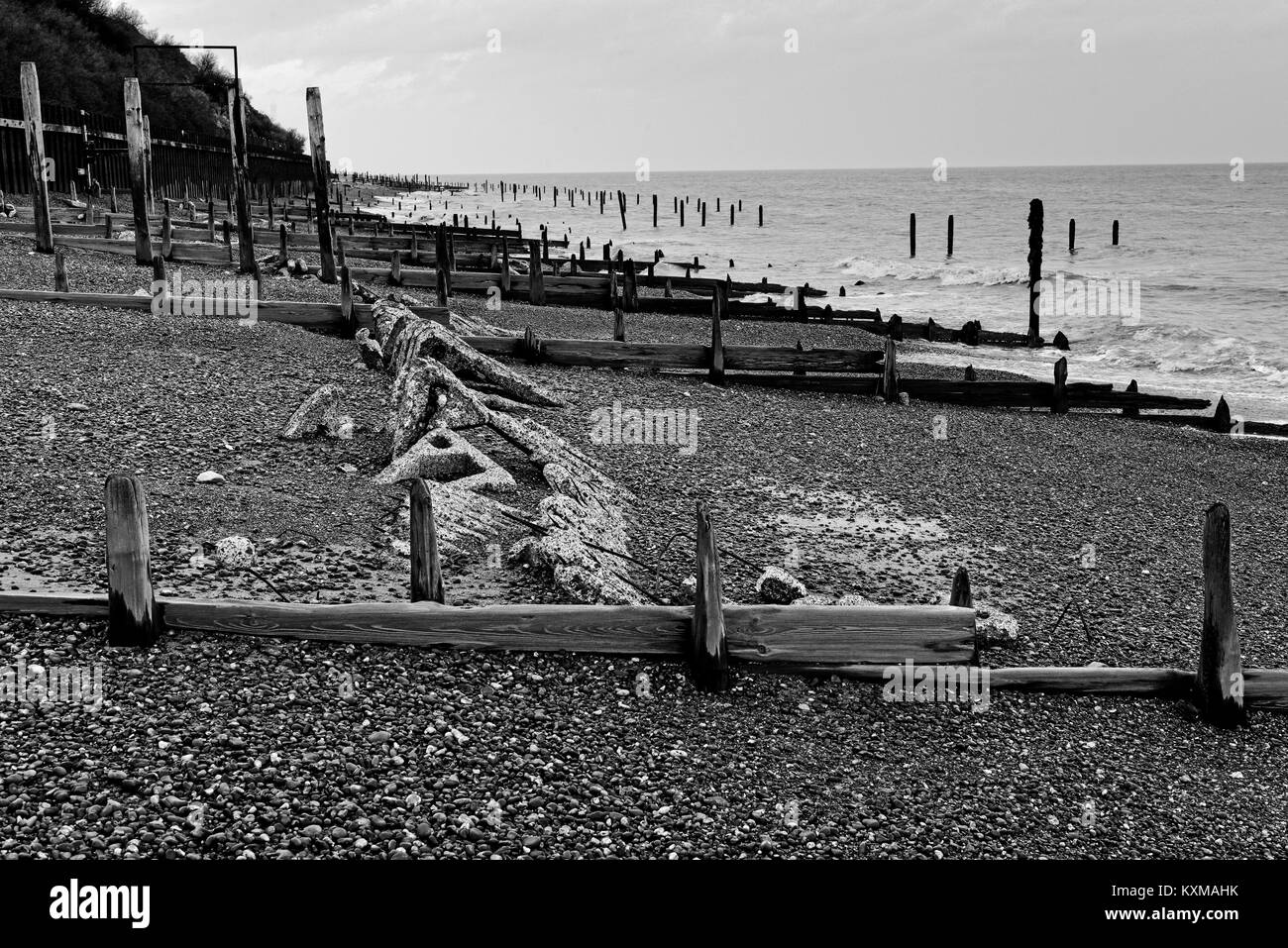 Die Küste von Suffolk im Winter bei Bawdsey mit Blick auf die Nordsee. Stockfoto