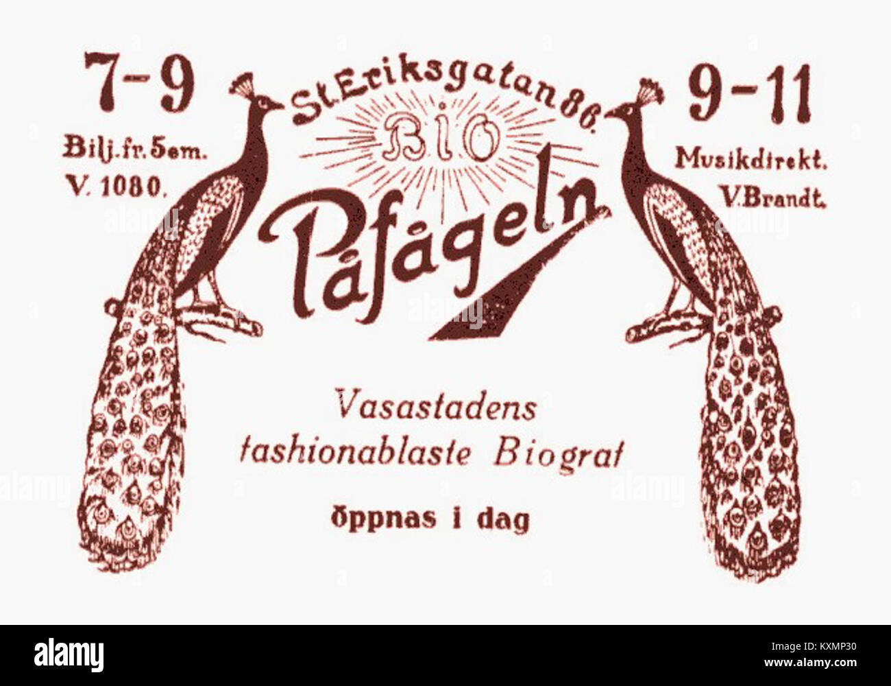 Biograf Påfågeln war 1927 eine Kinowerbung in Schweden, die die Unterhaltungs- und Kulturszene des frühen 20. Jahrhunderts widerspiegelte. Stockfoto