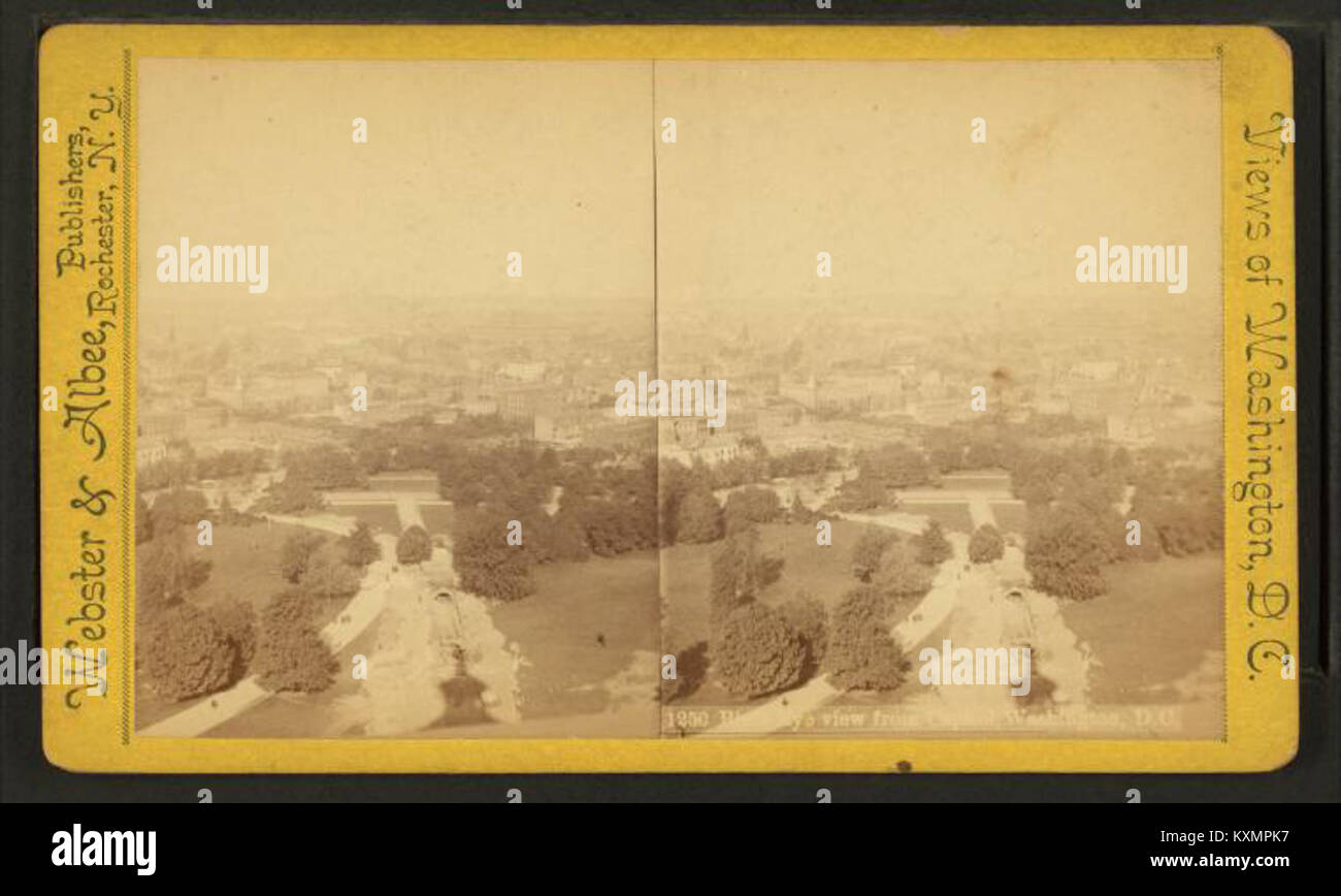 Eine stereoskopische Ansicht zeigt das US-Kapitol in Washington, D.C. und hebt seine Kuppel, die umliegenden Gebäude und das städtische Layout aus einer erhöhten Perspektive hervor. Stockfoto