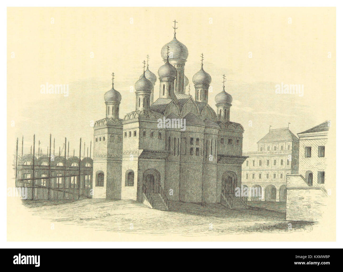 Die Illustration zeigt die Kathedrale der Verkündigung Marias im Kreml und hebt architektonische Besonderheiten und historische Bedeutung hervor. Stockfoto