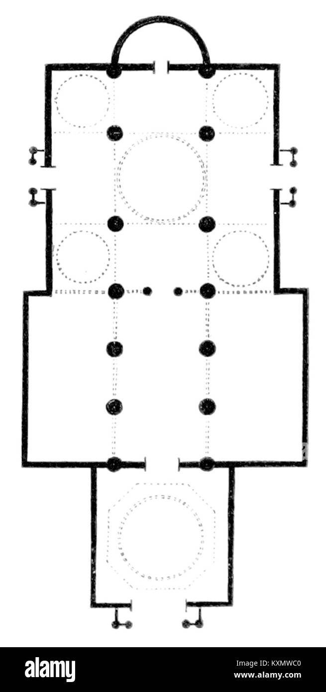 Architekturplan einer Kirche in Kaluga, Russland, mit Grundriss, Schiff, Altar, turm und innere strukturelle Elemente, veröffentlicht 1844 von Blasius. Stockfoto