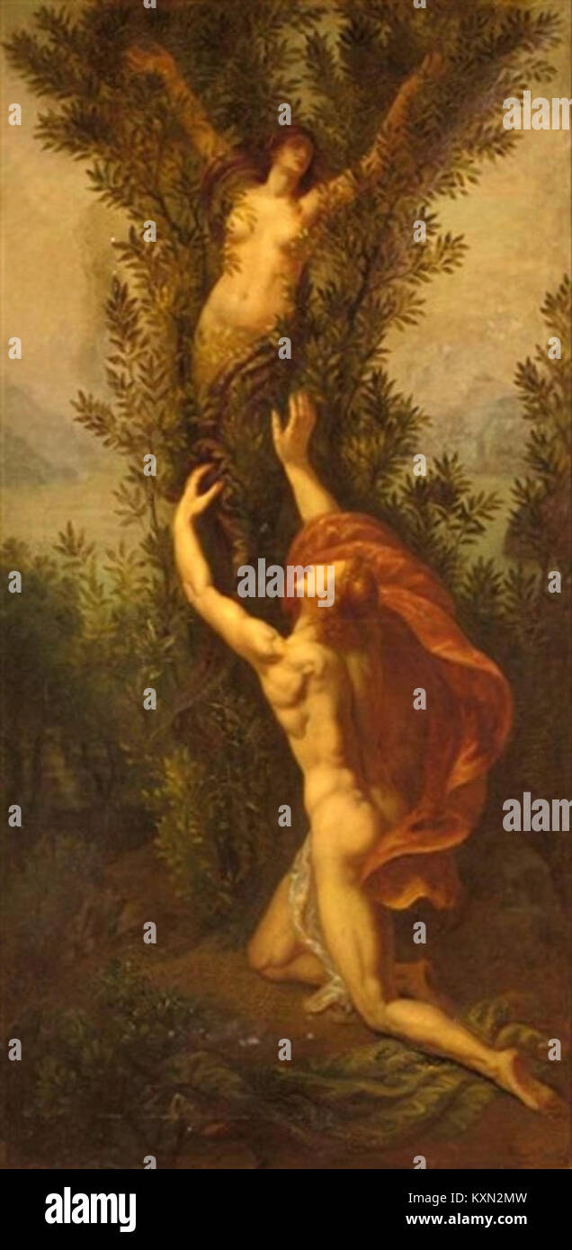 Armand Points Gemälde „Apollo und Daphne“ aus dem Jahr 1919 zeigt die mythologische Umwandlung von Daphne in einen Lorbeerbaum, um Apollo zu entkommen, und veranschaulicht die klassische griechische Mythologie. Stockfoto
