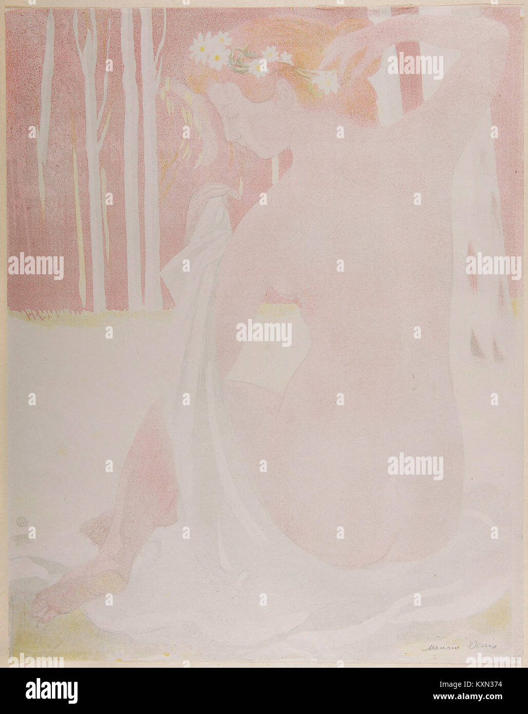 Dieses Kunstwerk von Auguste Clot, „Nymphe couronnée de paquerettes“, zeigt eine mit Gänseblümchen geschmückte Nymphe, die den Fokus von Clot auf mythologische Themen und natürliche Schönheit widerspiegelt. Stockfoto