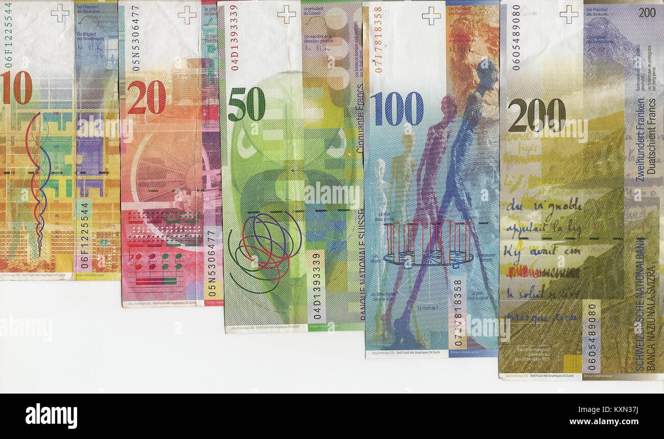 Banknoten des Schweizer Franken zu den Nominalwerten 10 bis 200 CHF (Rückseiten Stockfotografie