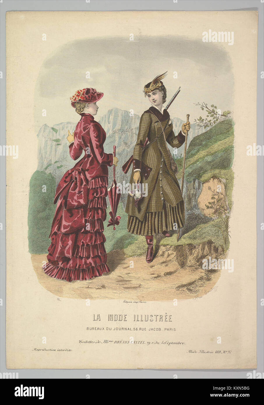Diese Illustration aus „La Mode Illustrée“ zeigt zwei Frauen, die französische Mode aus dem 19. Jahrhundert tragen. Eine Frau trägt ein Jagdkostüm, die andere trägt ein Wanderkostüm vor einer Bergkulisse. Stockfoto