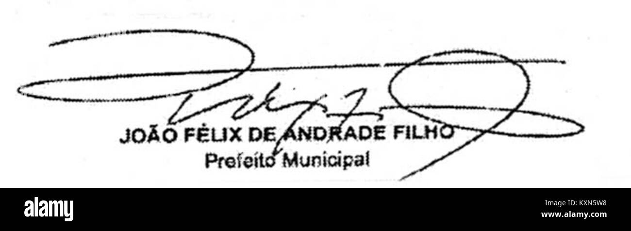 Unterschrift von João Félix de Andrade Filho, Bürgermeister von Campo Maior, Piauí, Brasilien, zum kommunalen Erlass Nr. 15/2012. Stockfoto