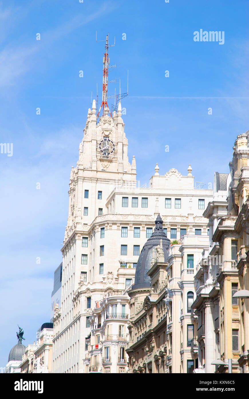 Telefonica Gebäude. Gran Via, Madrid, Spanien. Stockfoto