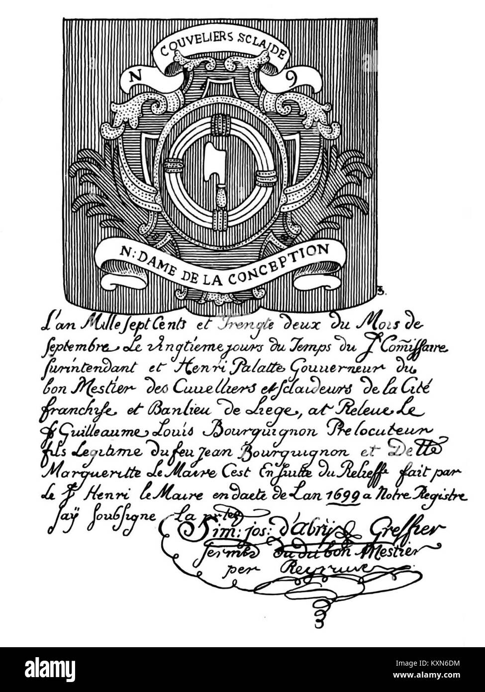 Historisches Banner, das die XXXII Bons Métiers, eine Gilde oder einen Berufsverband, darstellt und Symbole, Design und Handwerkskunst zeigt. Stockfoto