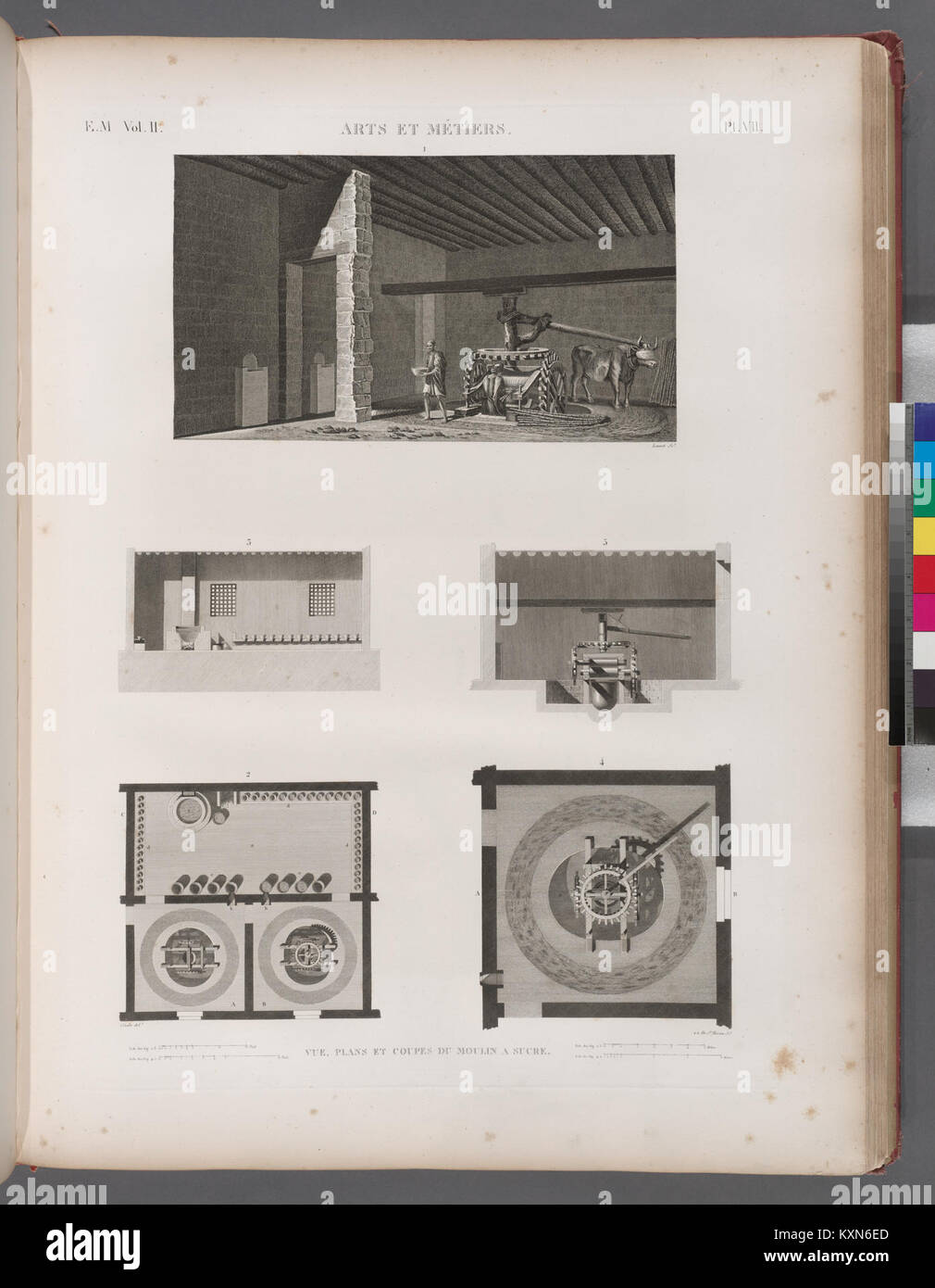 Diese technische Illustration zeigt Ansichten, Pläne und Querschnitte einer Zuckerfabrik und hebt das industrielle Design, das Maschinenlayout und die historischen Zuckerproduktionstechniken hervor. Stockfoto