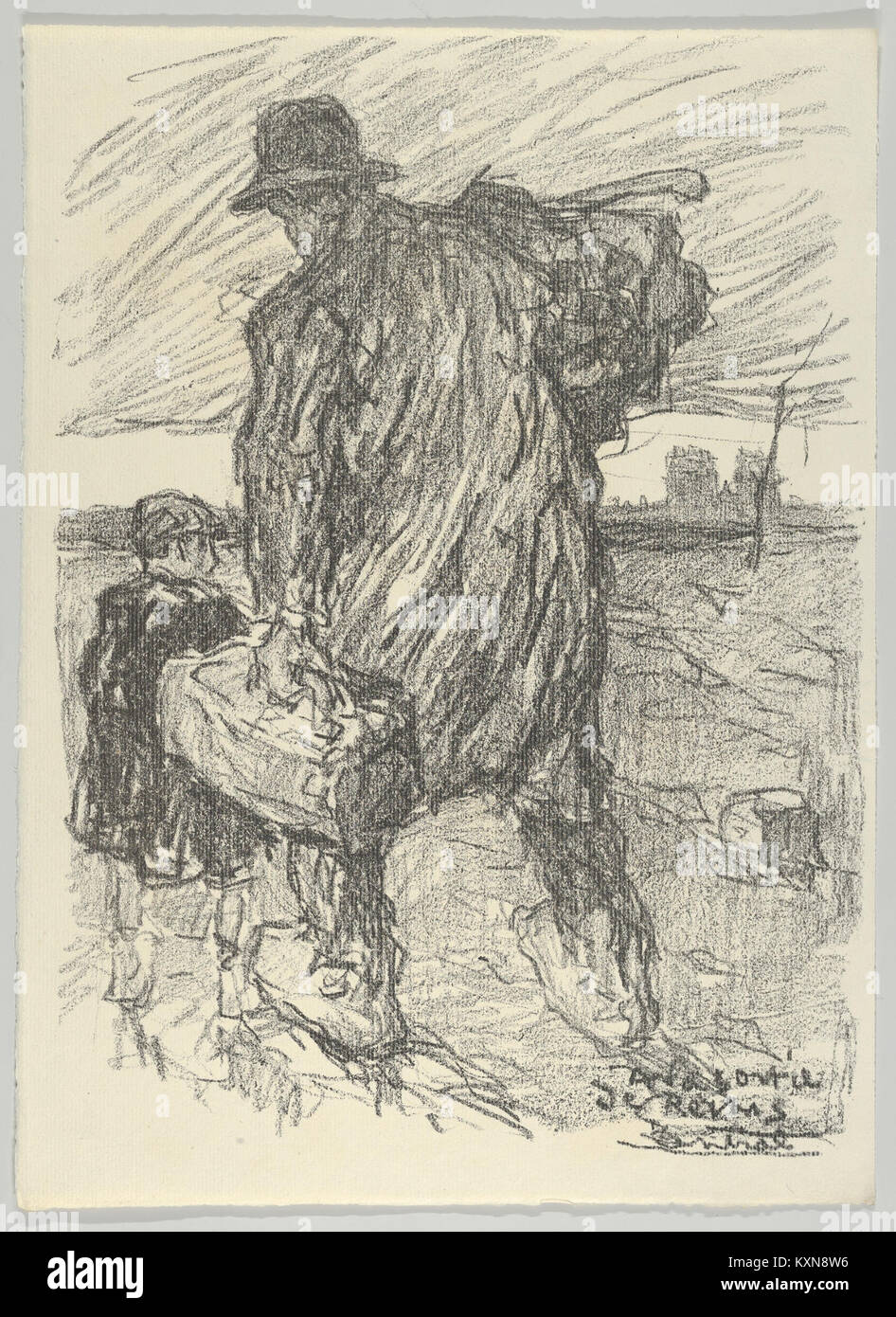 Dieses Foto aus „Les Evacués“ zeigt französische Zivilisten, die Reims während des Ersten Weltkriegs evakuieren und dabei Vertreibungen und Kriegsschwierigkeiten festhalten. Stockfoto