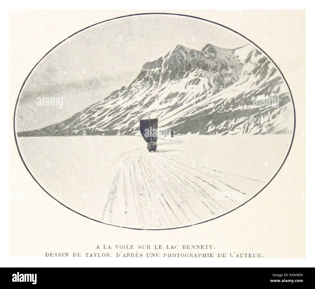 Illustration des Segelns auf dem Lake Bennett von Taylor, mit Booten, Wasser und umgebender Landschaft, basierend auf einem Foto aus dem Jahr 1899. Stockfoto