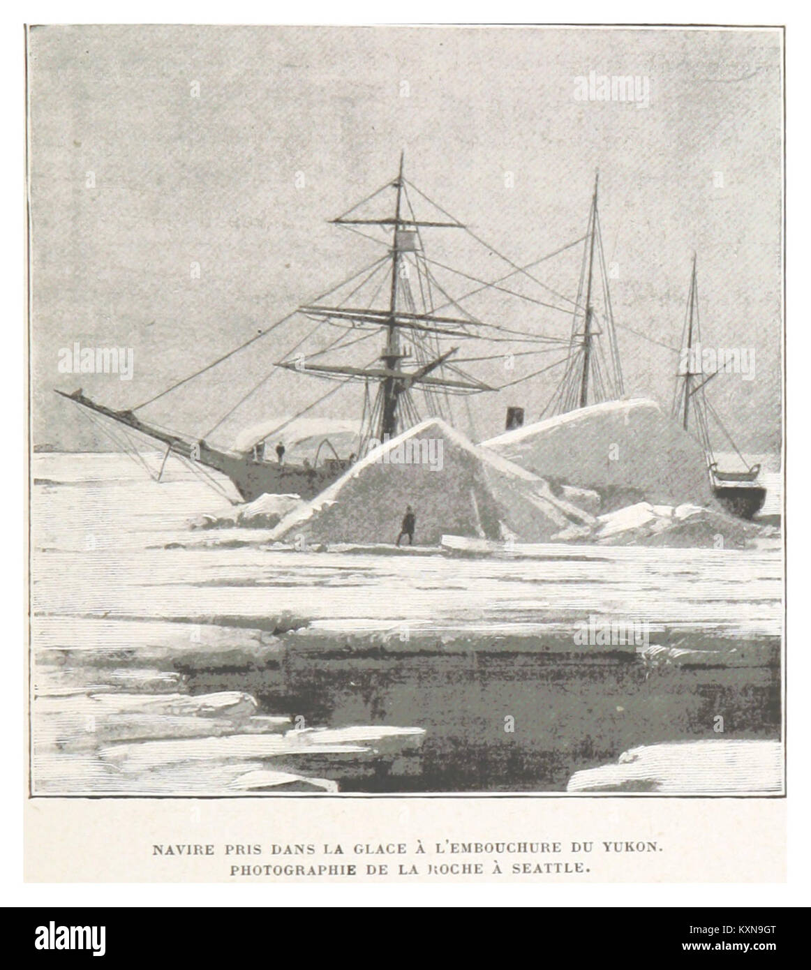 Foto eines in Eis gefangenen Schiffes an der Mündung des Yukon River, aufgenommen von de La Roche in Seattle, veröffentlicht in Boillot (1899), S.211. Stockfoto
