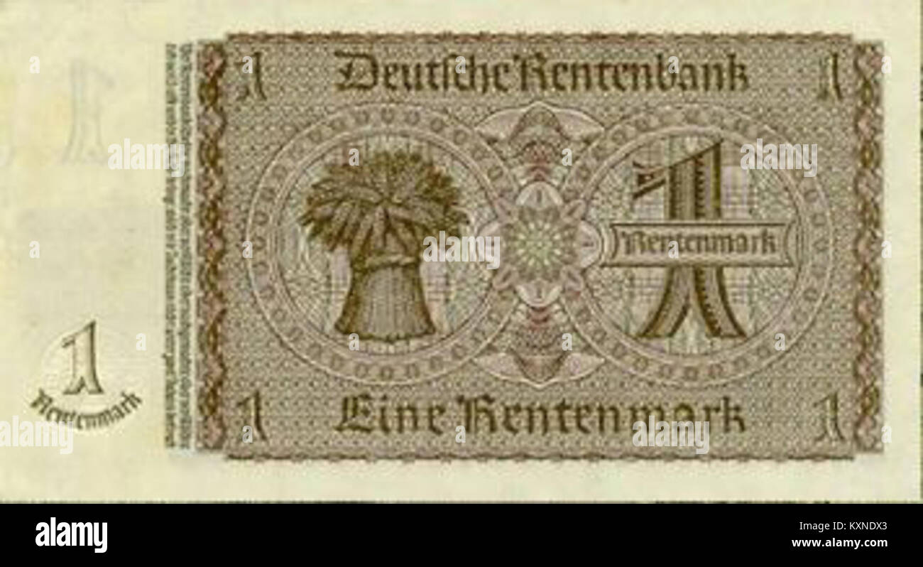 Dieses Bild zeigt eine in der sowjetischen Besatzungszone Deutschlands ausgegebene Rentenmark-Banknote aus dem Jahr 1948. Der Schein ist mit einer Klebemarke versehen und gehörte zu der Währung, die in der Nachkriegszeit in der sowjetischen Zone verwendet wurde. Stockfoto