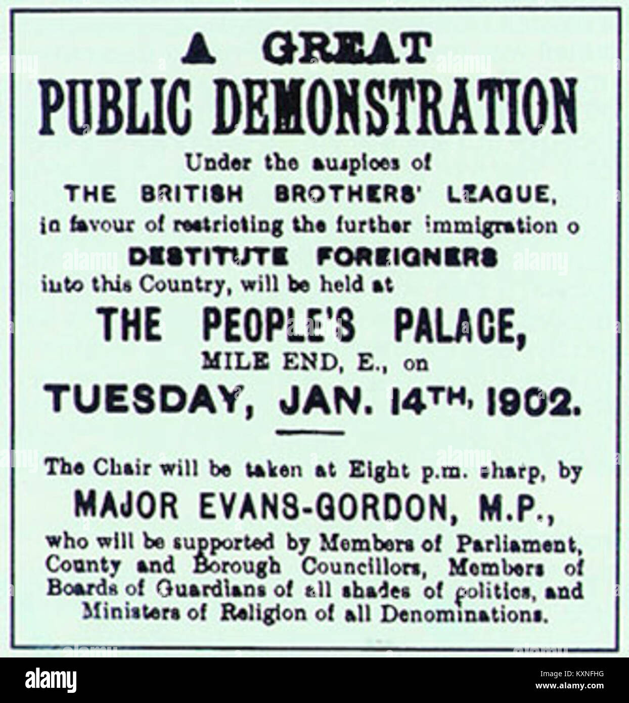 Das Poster der British Brothers League von 1902 war ein wichtiges politisches Artefakt in der Zeit des britischen Nationalismus. Sie befürwortete eine einwanderungsfeindliche Politik und spiegelt das soziale Klima Großbritanniens Anfang des 20. Jahrhunderts wider. Stockfoto