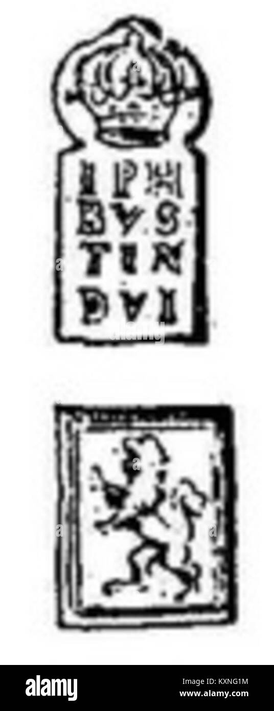 Die Boeheimer Marke stellt eine historische Signatur oder ein Emblem dar, die mit einer Person oder Familie verbunden ist und oft in Archiven oder Wappen verwendet wird. Stockfoto