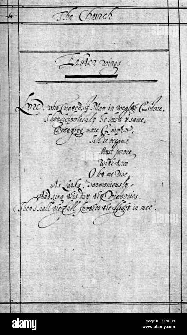 Easter Wings ist ein Gedicht aus dem 17. Jahrhundert von George Herbert, bekannt für seine visuelle Formgedichte, die in der Bodleian Library in England aufbewahrt wurde. Stockfoto