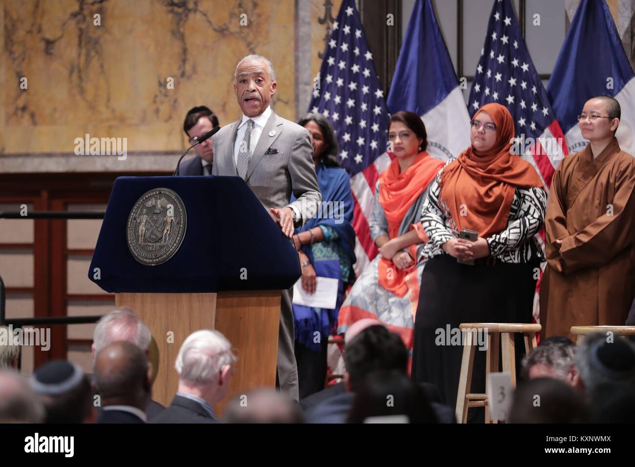 Stephen A. Schwarzman Gebäude, News York, USA, 11. Januar 2018 - Reverend Al Sharpton Sprechen während Bürgermeister Bill De Blasio interreligiöse Frühstück in der New York Public Library mit dem Klerus und den religiösen Führer aus der ganzen Stadt New York. Foto: Luiz Rampelotto/EuropaNewswire *** Local Caption *** 00005812 | Verwendung weltweit Stockfoto