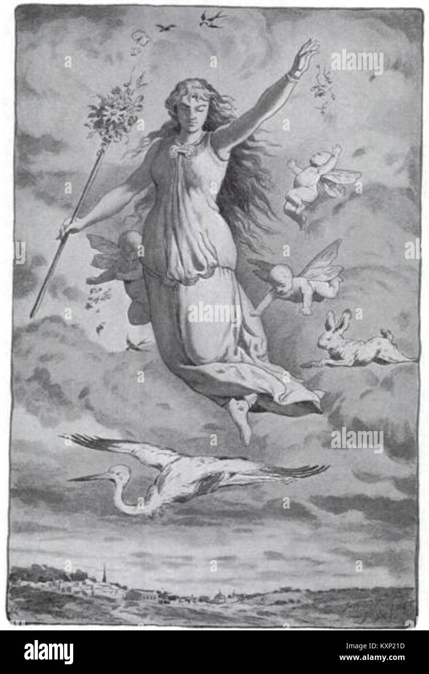 Die Skulptur „Eástre“ von Jacques Reich stellt die mythologische Figur dar, die mit dem Frühling assoziiert ist und die europäischen Bildhauungstechniken des frühen 20. Jahrhunderts hervorhebt. Stockfoto