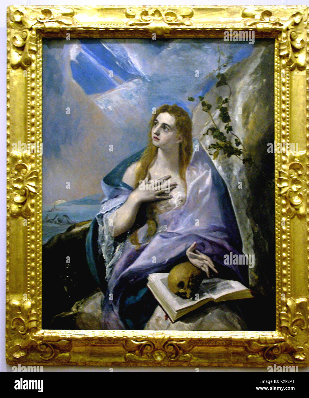 El Grecos Gemälde „Buße Magdalene“ zeigt Maria Magdalena in Buße und hebt den manieristischen Stil, die langen Figuren und den dramatischen Gebrauch von Licht hervor. Stockfoto