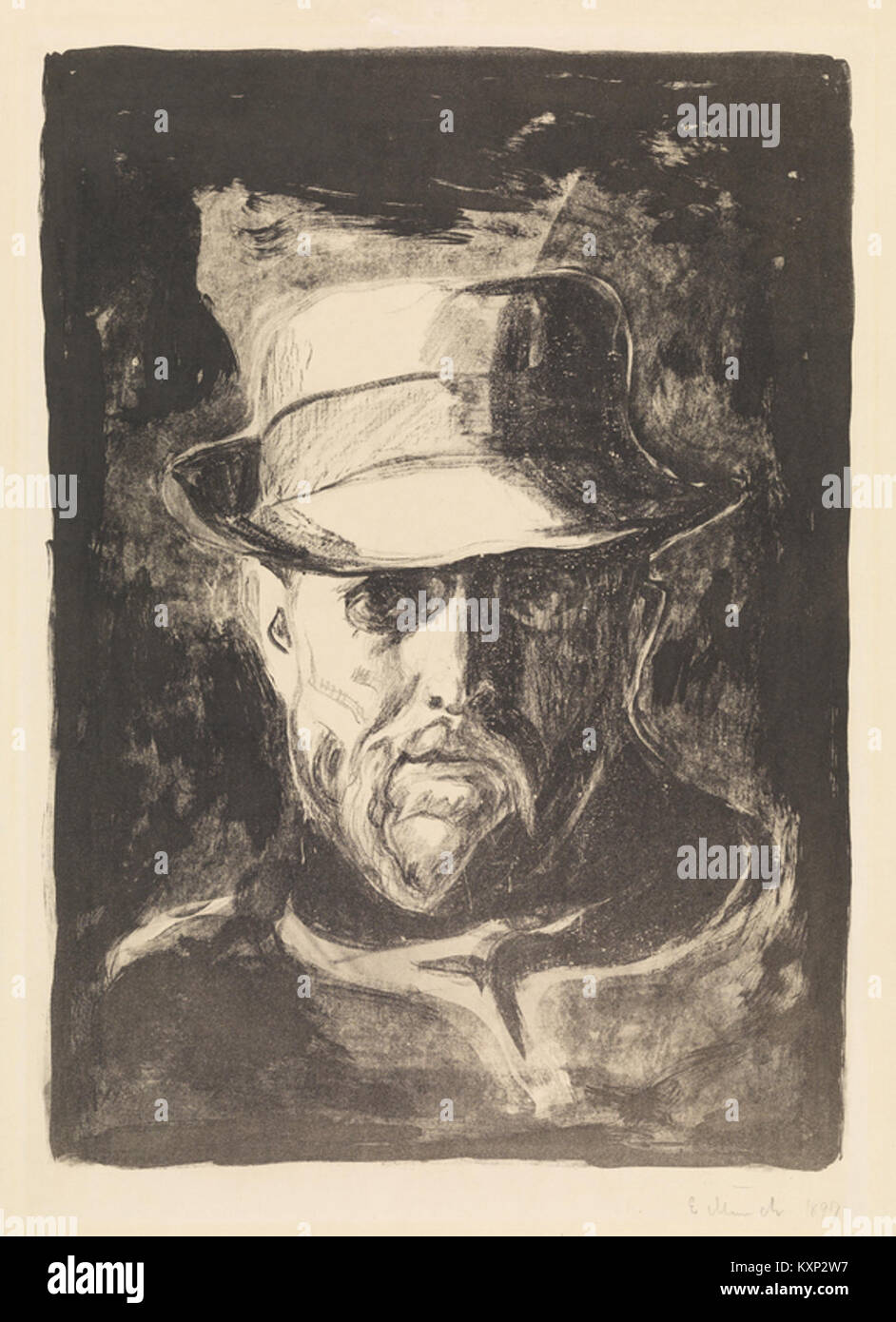 Hans Jæger (1896) von Edvard Munch ist ein Porträt des norwegischen Schriftstellers, das Munchs Auseinandersetzung mit psychologischen Themen und menschlichem Ausdruck widerspiegelt. Stockfoto