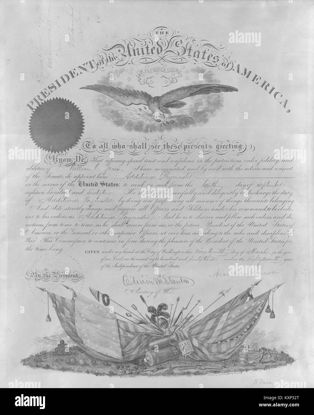 Kommission der William C. Jones aus der Präsident der Vereinigten Staaten von Amerika, 19. März 1863 Stockfoto