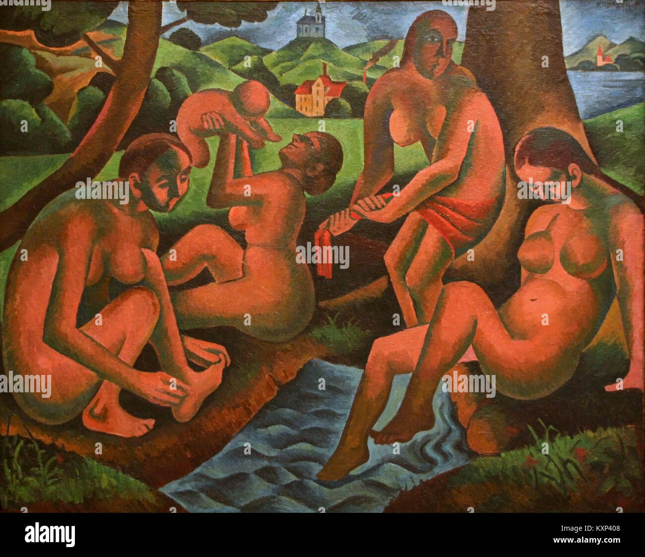 Ein Gemälde des tschechischen Künstlers Bohumil Kubista mit dem Titel „Frauen in Bath“, das eine intime häusliche Szene darstellt. Das Werk spiegelt Kubistas Verwendung modernistischer und kubistischer Einflüsse in der europäischen Kunst des frühen 20. Jahrhunderts wider. Stockfoto