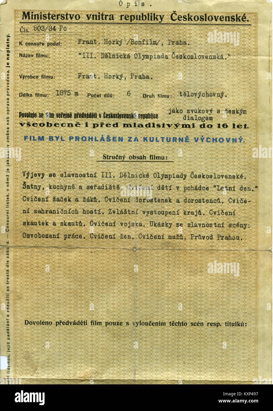 Dieses Bild zeigt ein Zensurticket aus der Tschechoslowakischen Republik, ein Dokument, das Anfang des 20. Jahrhunderts als Teil der staatlichen Zensur ausgestellt wurde. Sie spiegelt den historischen Kontext politischer Kontrolle und Medienregulierung wider. Stockfoto