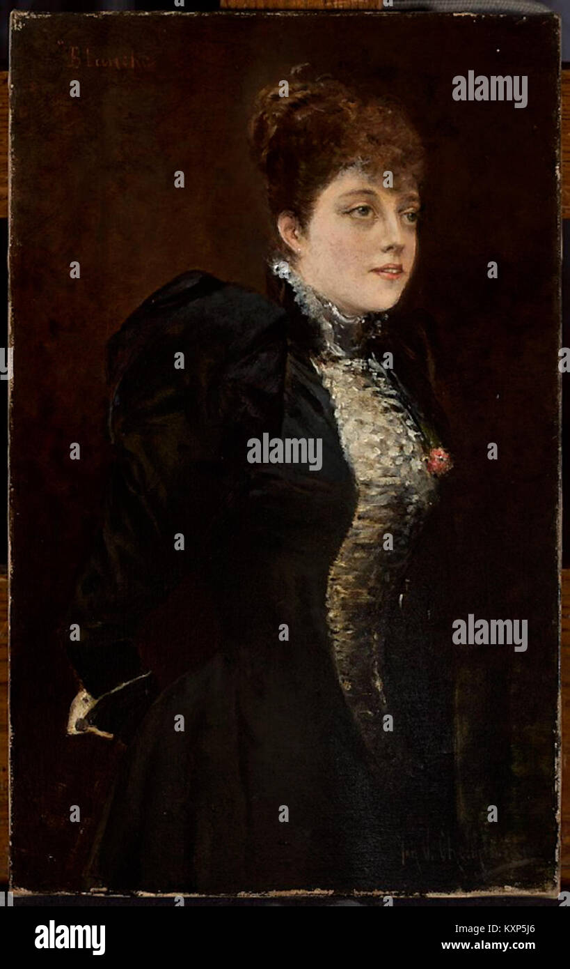 Dieses Porträt von Chelminski zeigt eine Frau, die Gesichtszüge, Frisur, Kleidung und künstlerischen Stil hervorhebt. Beitrag zur kulturellen und historischen Porträtmalerei. Stockfoto