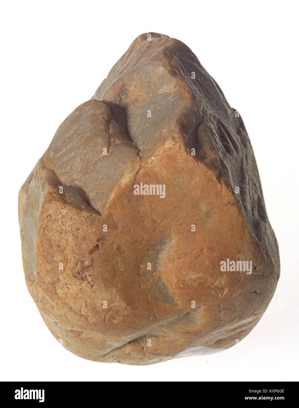 Das Schneidewerkzeug aus Saint-Malo-de-Phily, das aus der unteren paläolithischen Zeit stammt, ist im Musée de Bretagne untergebracht. Es handelt sich um ein prähistorisches Steinwerkzeug, das wahrscheinlich zum Schneiden oder Bearbeiten von Materialien verwendet wird und die frühe menschliche Handwerkskunst demonstriert. Stockfoto