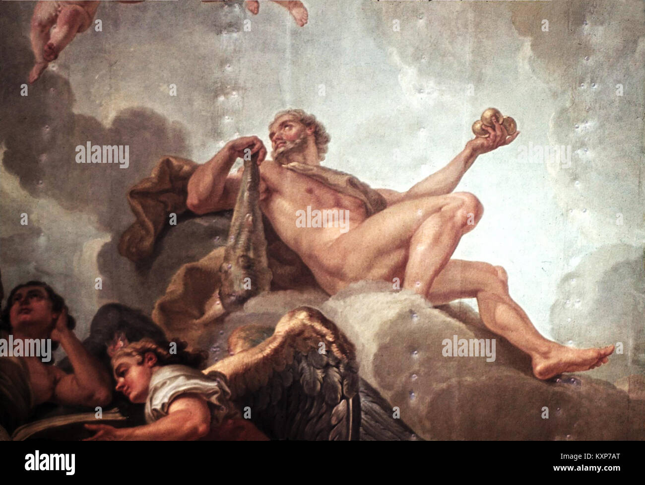 Van Loos Gemälde zeigt die Erhebung des Großen Kurfürsten in den Olymp und betont Herkules, mythologische Themen und barocken künstlerischen Ausdruck. Stockfoto