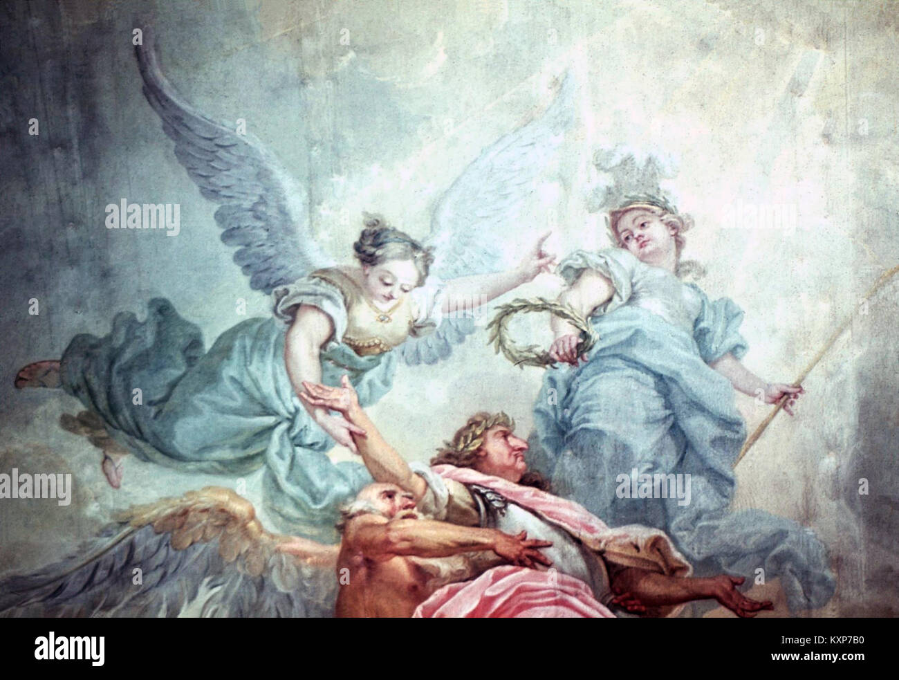 Van Loos Gemälde zeigt, wie der Kurfürst von Brandenburg zum göttlichen Status erhoben wird, begleitet von mythologischen Figuren Chronos, Victoria und Minerva, die politische Autorität und Gunst symbolisieren. Stockfoto