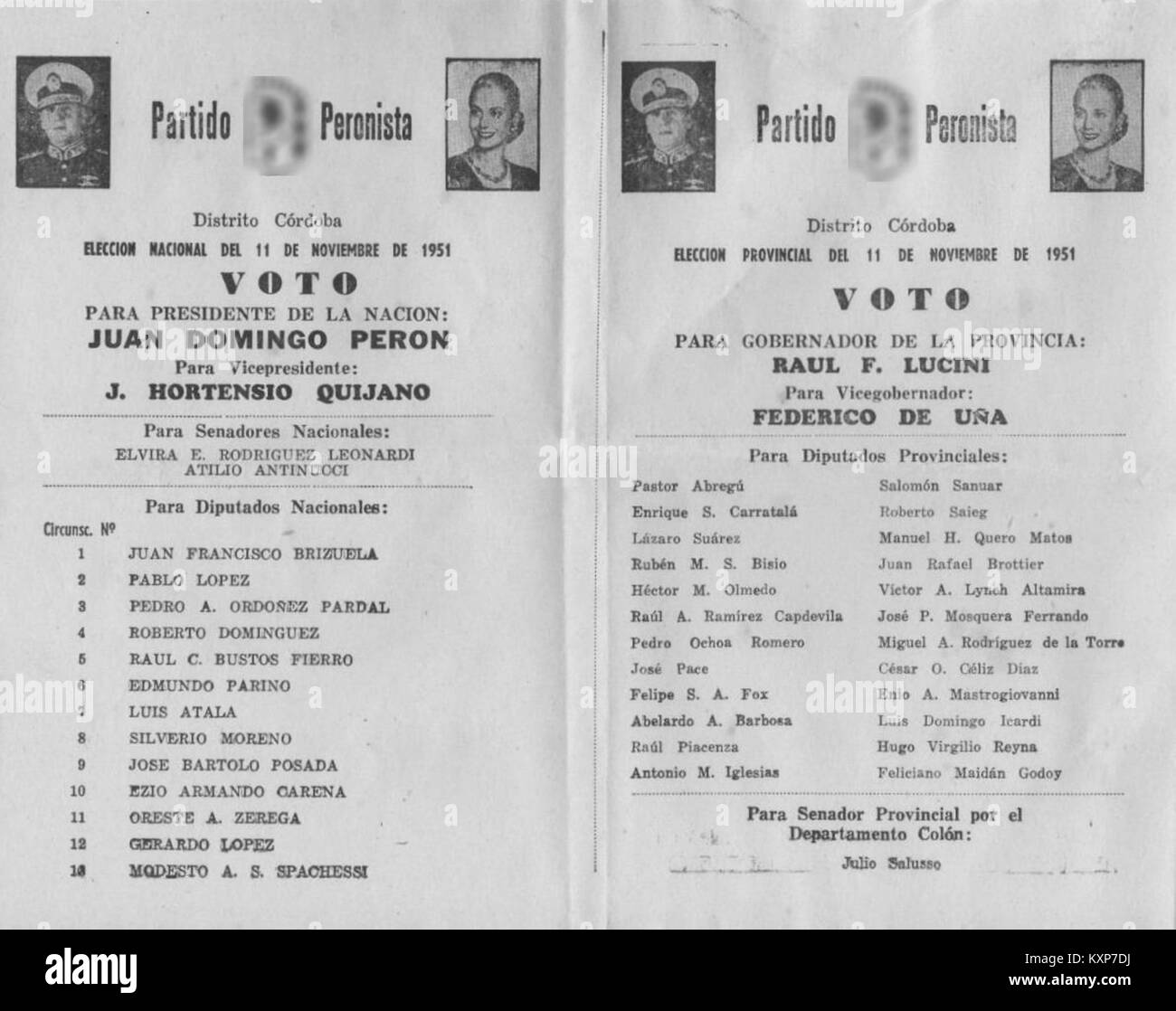 Dieser historische Stimmzettel der argentinischen Wahlen 1951 spiegelt den politischen Prozess in einem entscheidenden Moment in der argentinischen Geschichte wider. Er hebt die Wahlbeteiligung und das demokratische Engagement des Landes hervor. Stockfoto