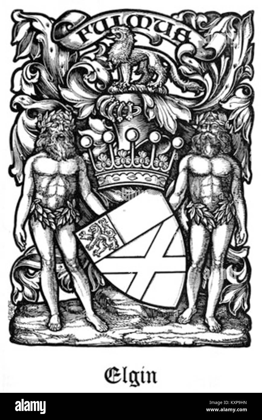 Das Wappen des Earl of Elgin repräsentiert die schottische Adelsfamilie Elgin mit Symbolen, die ihre Herkunft, ihren Status und ihre historische Bedeutung für den schottischen Adel widerspiegeln. Stockfoto