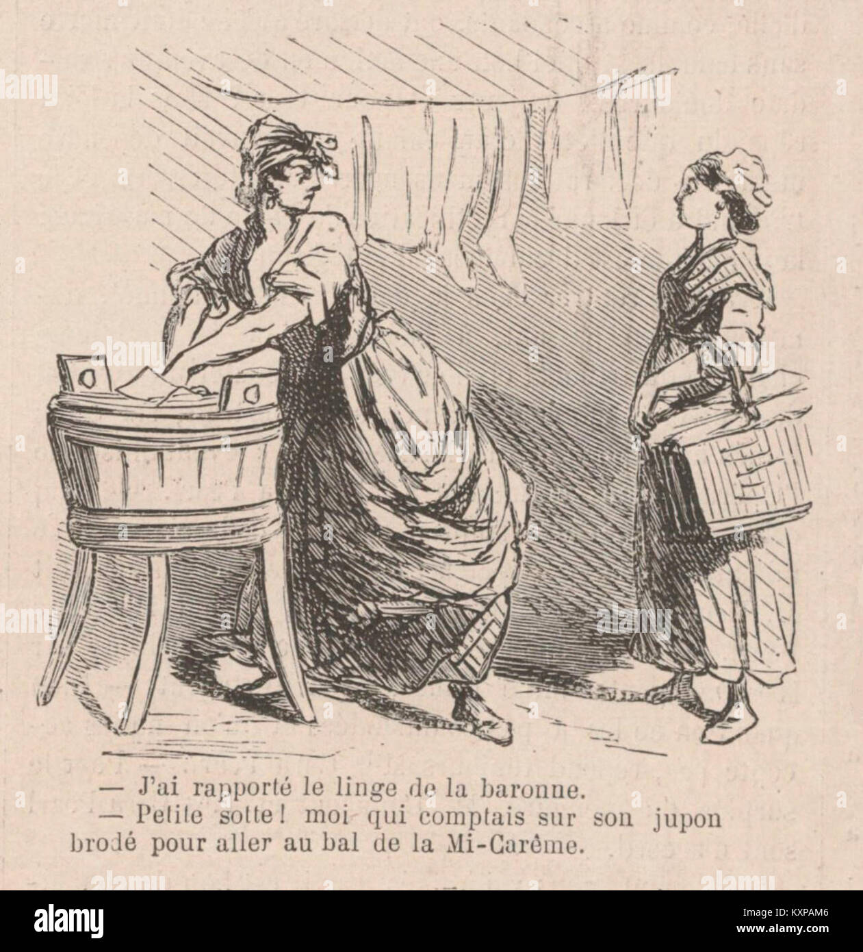 Illustration aus Le Monde illustré (4. April 1868) von CHAM, die Festszenen in der Mitte der Fastenzeit zeigt, in denen Wäscherinnen Leinen leihen. Stockfoto