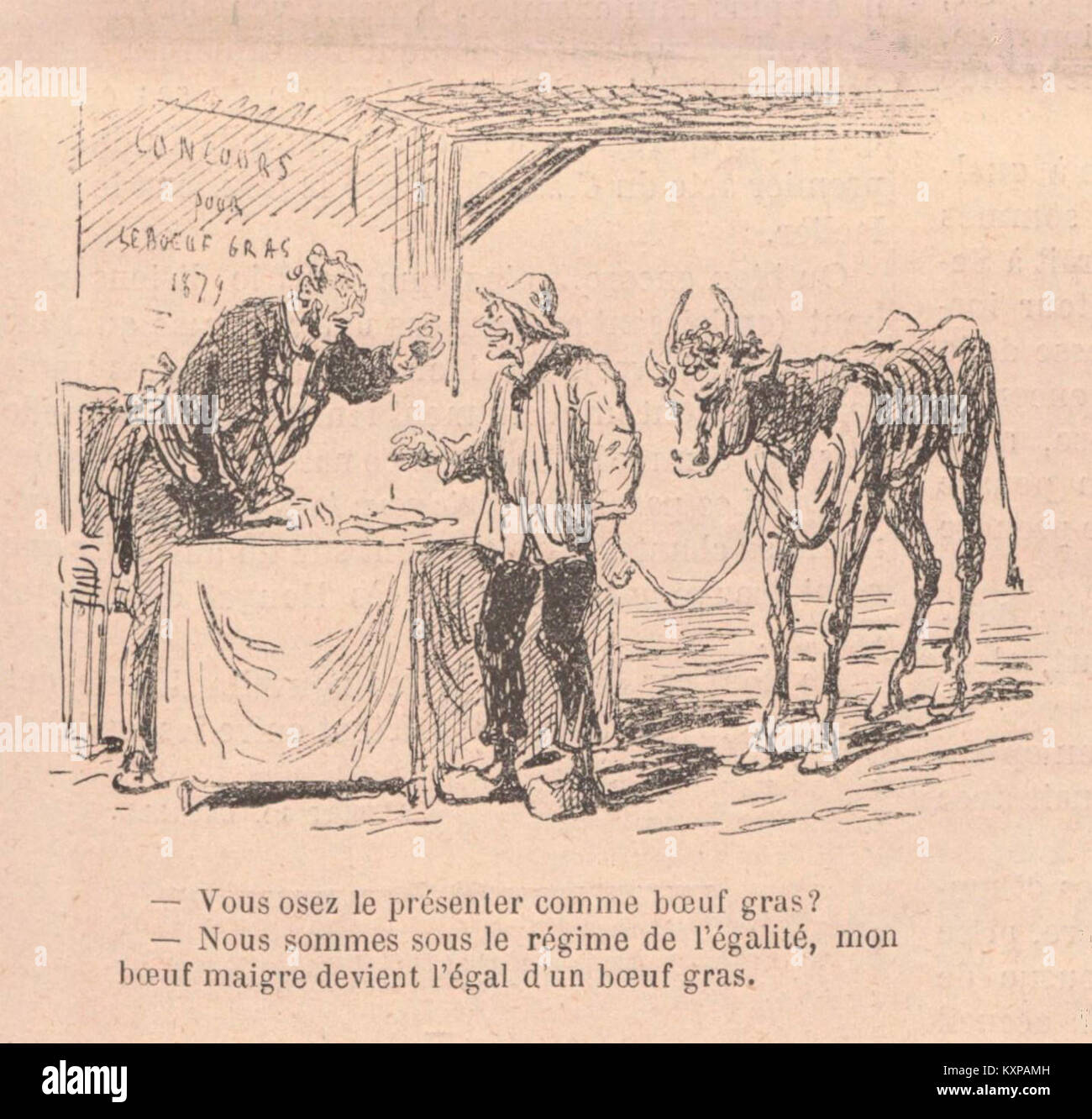 Karikatur von Cham, veröffentlicht am 15. Februar 1879 in Le Monde illustré, die das Bœuf Gras, ein traditionelles französisches Ereignis, darstellt. Stockfoto