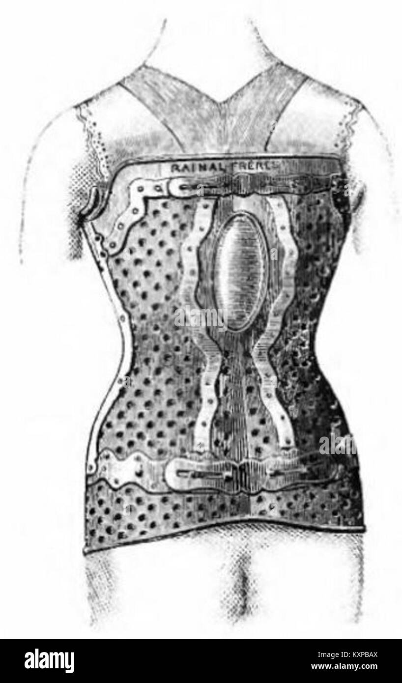 Katalog von Rainal Frères aus dem Jahr 1853, der Korsettendesigns, Modetrends aus der Mitte des 19. Jahrhunderts und Kleidungsstile dieser Zeit illustriert. Stockfoto