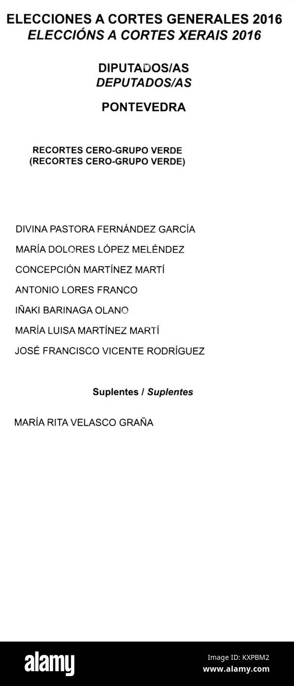 Offizielle Wahlergebnisse für die Cortes Xerais 2016 in Pontevedra, Spanien, mit den gewählten Abgeordneten und politischen Zugehörigkeiten, wobei die regionale politische Struktur hervorgehoben wird. Stockfoto
